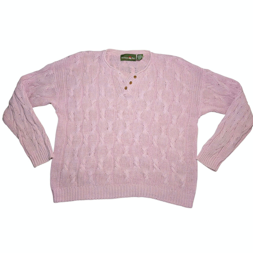 Vintage Outback Red Sweater Womens Medium Pink Cable Knit Henley Cotton Ramie M
